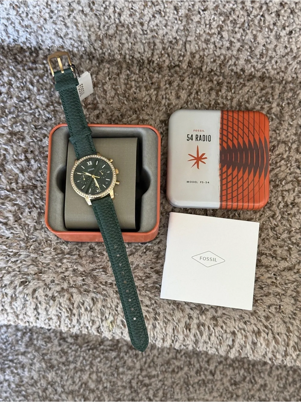 Fossil Dark Green Neutra Leather Strap Gold Crystal Bezel Chronograph Womens